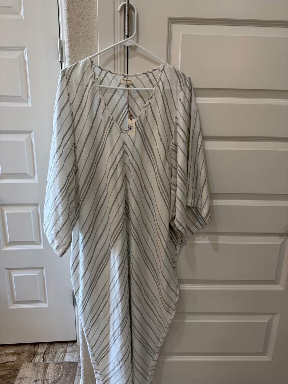 World Market-Light Stripe V-Neck Kaftan Dress - Cream & Gray